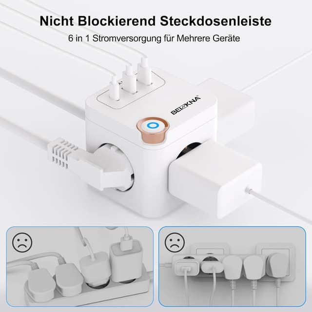 Detalle de Beizkna Steckdosenwürfel mit USB-C: 3-fach Mehrfachsteckdose mit Überspannungsschutz, Schalter und 1,5 m Kabel