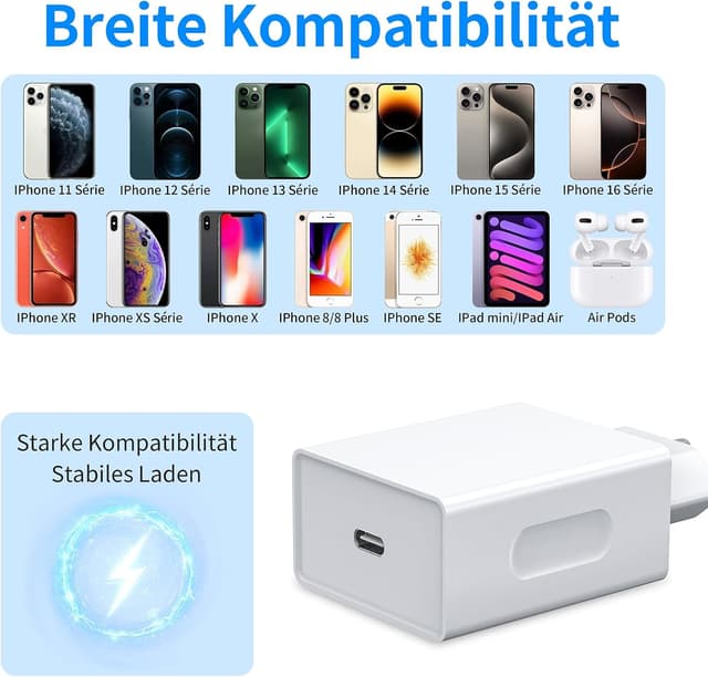 Detalle de 20W USB‑C Netzteil mit Schnellladekabel (2 m) – Typ C Power Adapter für iPhone 14/13/12/11/XS/XR/8 Plus