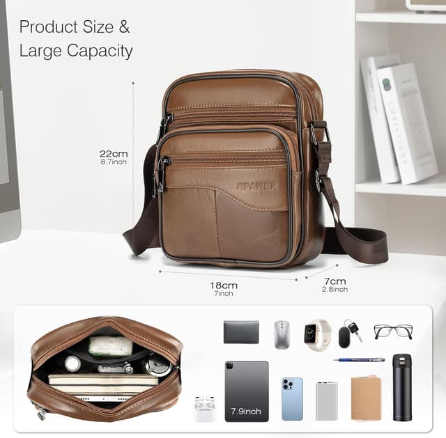 Detalle de SPAHER sacoche homme cuir véritable avec bandoulière réglable (petit sac porté épaule / porté travers)