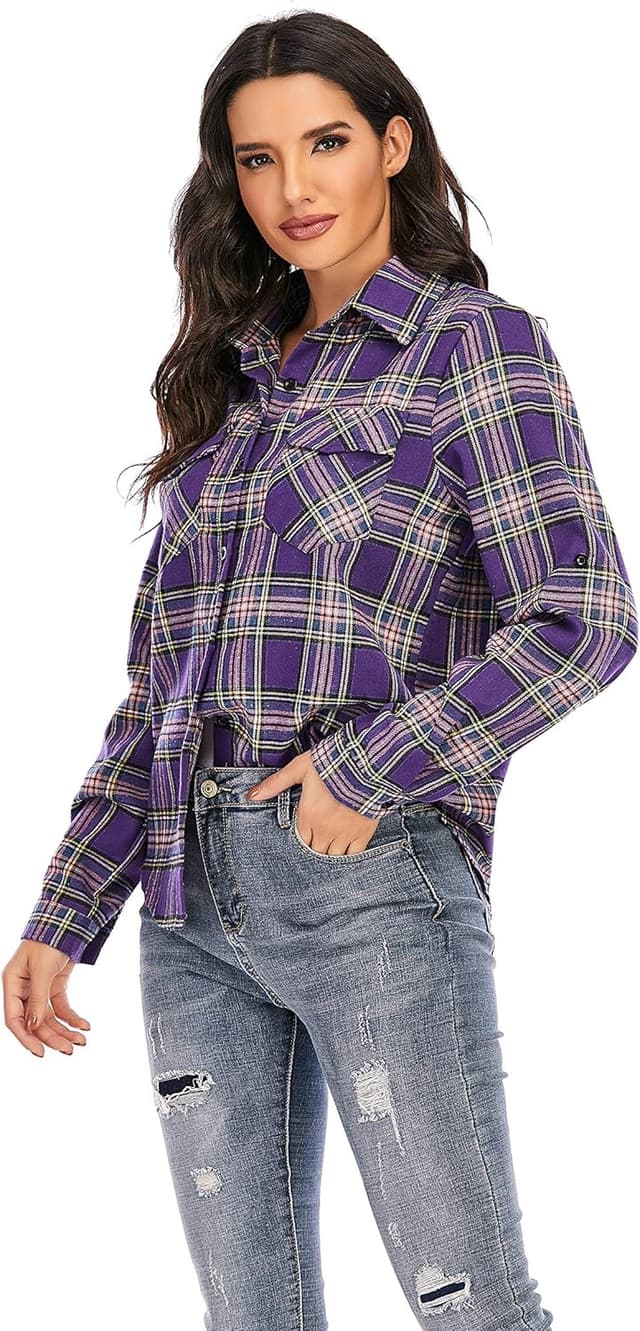Detalle de 100% Cotton Women’s Flannel Plaid Shirt Blouse, Long Sleeve Button-Down Check Shirt (Boyfriend Casual Fit)