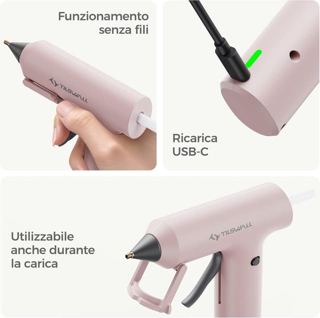 Detalle de TILSWALL mini pistola per colla a caldo senza fili con 20 stick 7×140 mm (riscaldamento 90 s) – Rosa