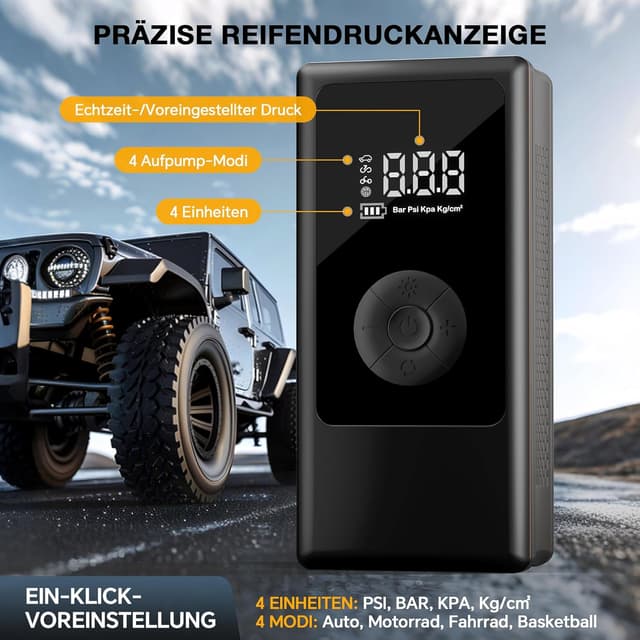 Detalle de Elektrische Luftpumpe 150 PSI – tragbarer Akku Mini-Kompressor mit digitaler Anzeige, LED-Licht & USB-Laden