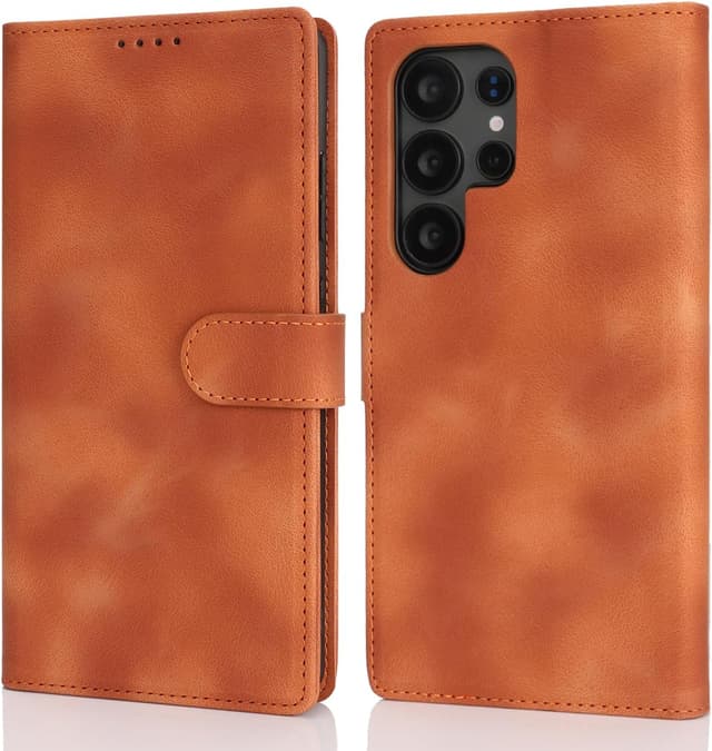 Detalle de Zouzt Hülle für Samsung Galaxy S25 Ultra – stoßfeste PU-Leder Flip-Hülle mit Kartenhalter und Standfunktion (Vintage Hellbraun)