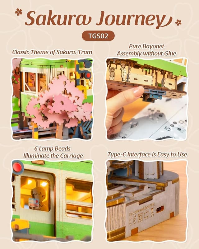 Detalle de ROWOOD Puzzle 3D en bois Sakura Journey – maquette de tramway japonaise avec éclairage LED
