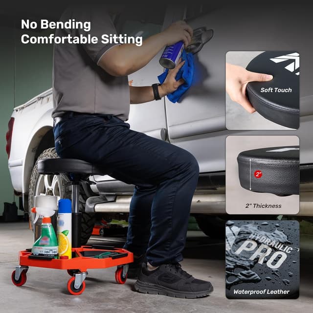 Detalle de HYDRAULIC PRO Adjustable Height Rolling Mechanic Stool (16.1–21.7 in) with Cushioned Seat and Tool Trays