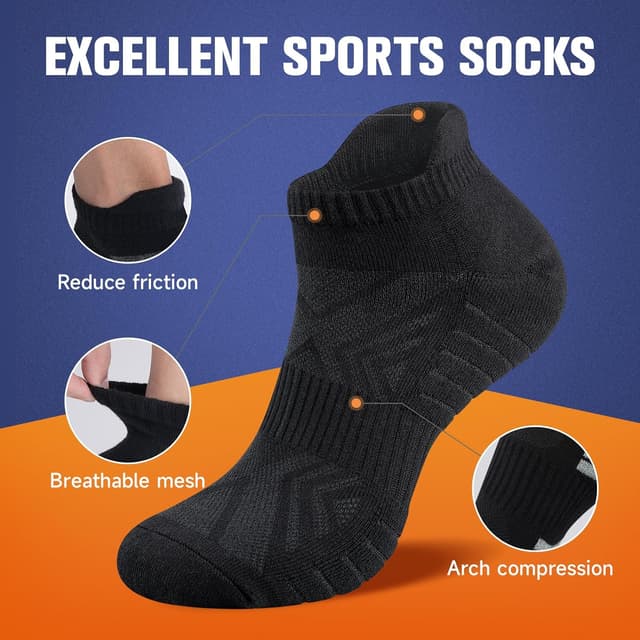 Detalle de Benirap Mens Tranier Socks cushioned running socks (6 pairs) — breathable cotton trainer socks with anti-blister design
