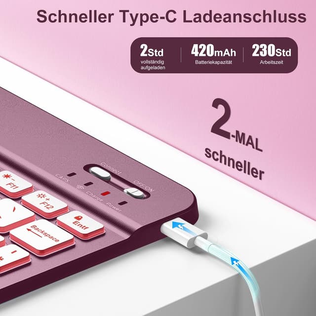 Detalle de Vobafe Hülle mit abnehmbarer beleuchteter Tastatur für iPad A16 (11./10. Generation) – 7 Farben, Magnet & Stifthalter (Himbeere)