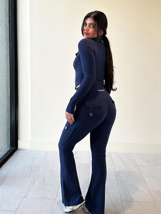 Detalle 2 de YEOREO CoreFlex Damen Flare Leggings mit 4 Pockets, High Waist und Invisible Scrunch – blickdicht & nahtlos im Frontbereich