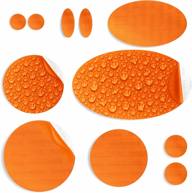 Detalle de aZengear Reparaturflicken-Set für Daunenjacken, Steppjacken & mehr (11 Stück, Orange) – selbstklebend, wasserdicht