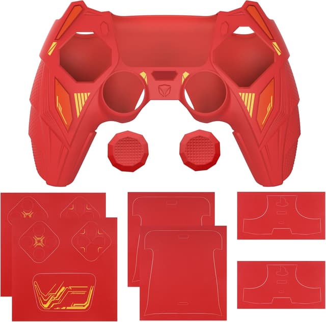 Detalle 2 de PlayVital Mecha Rhino silicone cover for PS5 controller (thumb grips & stickers) – anti-slip grip skin, Maple Red & Brick Red