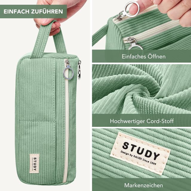 Detalle de KALIDI Cord-Stoff Federmäppchen mit Tragegriff – großes Mäppchen für Schule, Büro & Teenager