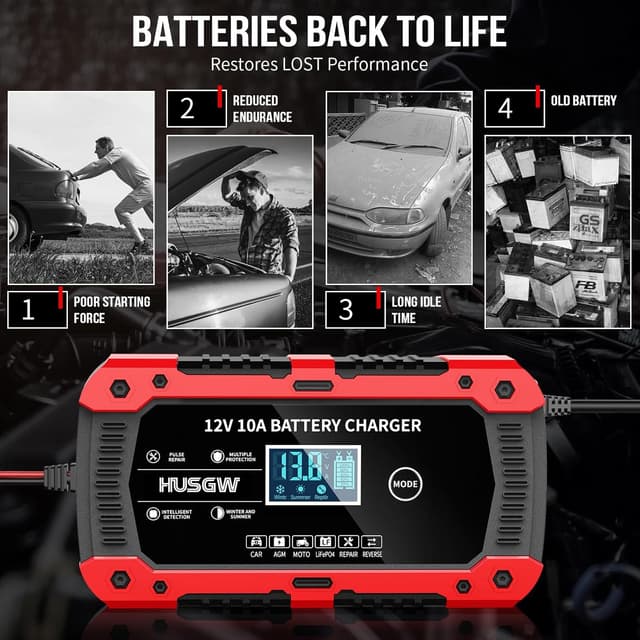 Detalle de 10Amp 12V Automatic Smart Car Battery Charger/Maintainer with Temperature Compensation (Pulse Repair & Desulfator)