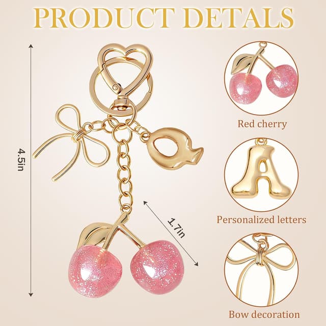 Detalle 2 de Snylcce Pink Cherry Bow Letter Keychain personalised A–Z initial keyring