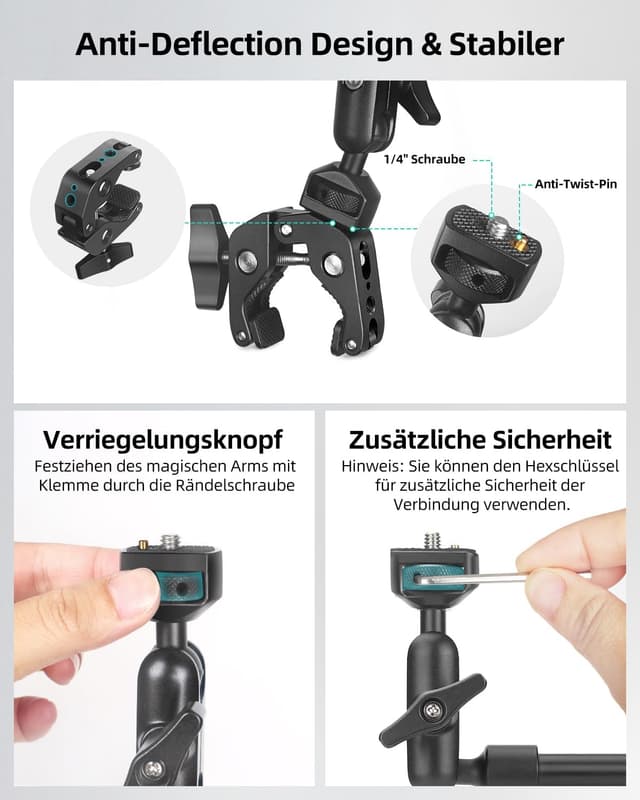 Thumbnail 6 de JEBUTU 22"/56 cm Magic Arm mit Super Clamp – flexibles Tischstativ mit 1/4" Gewinde, schwarz