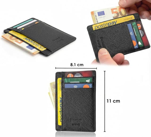 Detalle de Bronzi portafoglio sottile RFID Nero in similpelle Saffiano: mini porta tessere e carte