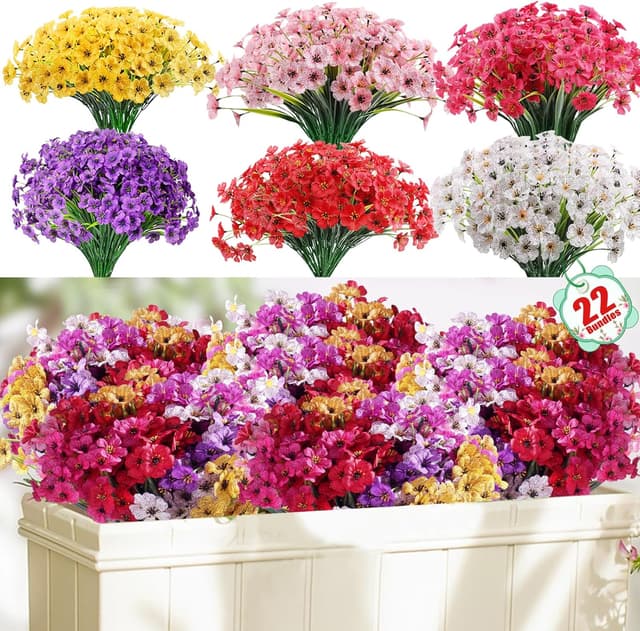 Detalle de Powbrace 22-Pack Artificial Flowers (UV-Resistant Faux Silk Flowers) for Outdoor & Indoor Planters