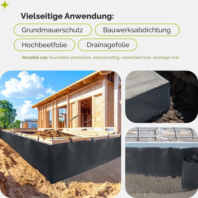 Detalle de Garronda Noppenfolie GD-0160 aus HDPE (1 m x 10 m, 400 g/m²) – Drainagebahn für Keller, Grundmauern und Hochbeet