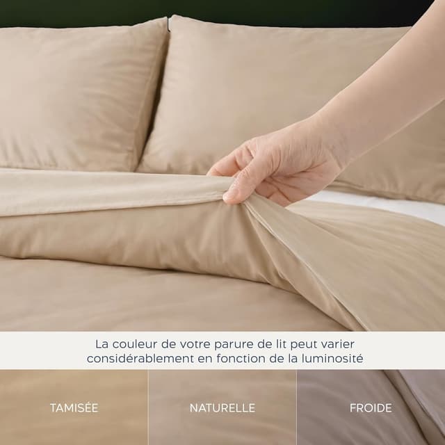 Thumbnail 6 de Parure de lit Twinzen en microfibre 240x220 cm beige avec 2 taies 50x70 cm (Oeko-Tex)