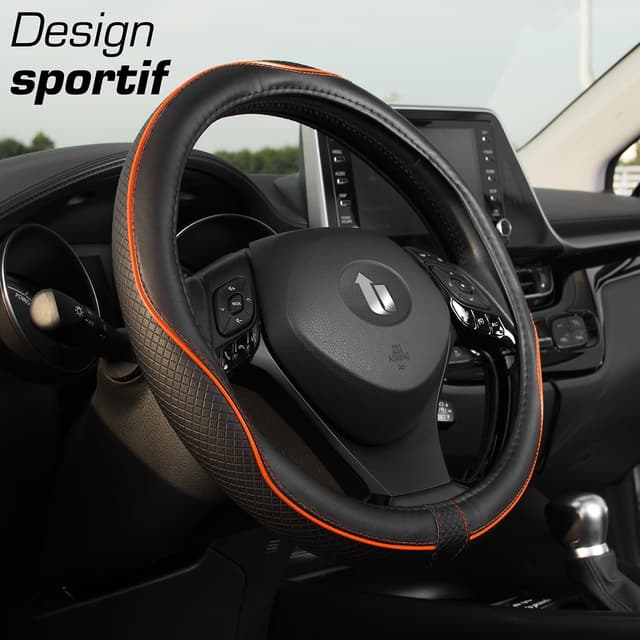 Detalle de Upgrade4cars Couvre-volant noir et orange en simili-cuir, housse universelle 37-38 cm