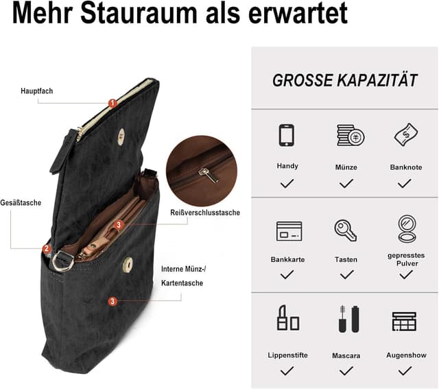 Detalle de Gladdon Umhängetasche Damen klein: Crossbody-/Clutch-Tasche aus veganem PU-Leder (Schwarz)