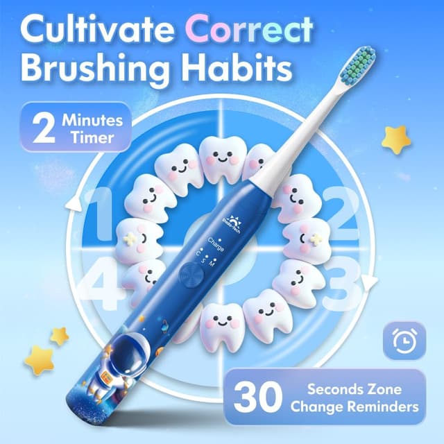 Detalle de Dada-Tech Kids Electric Toothbrush (Astronaut Blue) – Rechargeable, 3 Modes, 2-Min Timer & Stickers