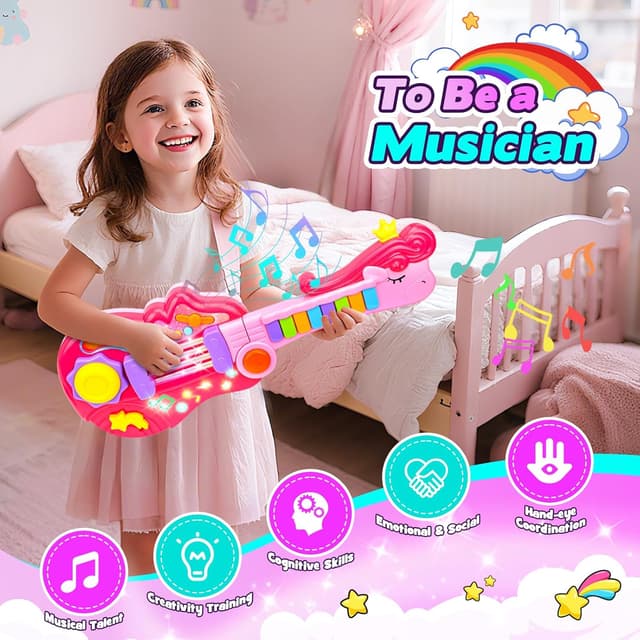 Detalle de m zimoon Kids Toy Guitar 2 in 1 (folding guitar & piano) with strap, pink crown