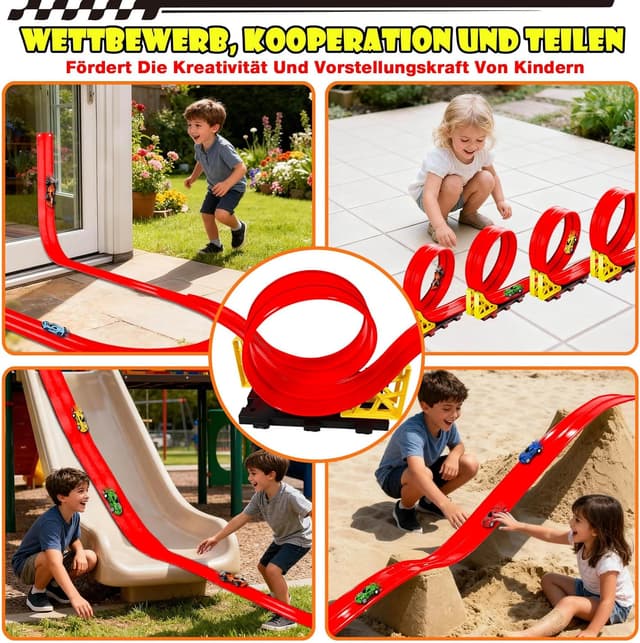 Detalle de Rennbahn Kinder 5M – flexible Autorennbahn mit 6 Autos, Doppelspur und Aufbewahrungstasche (ab 3+)