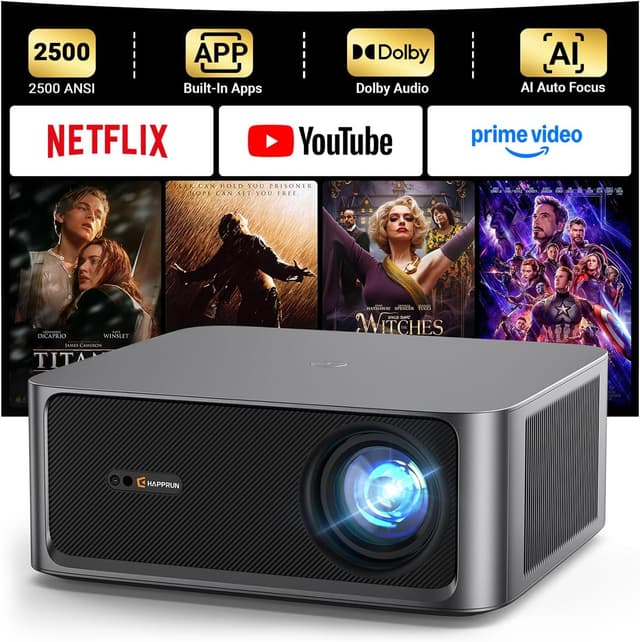 Detalle de HAPPRUN KC7 PRO Outdoor Projector (2500 ANSI Lumens) with Built-in Streaming, 4K Decoding, Dolby Audio, Wi‑Fi 6 & Bluetooth 5.2