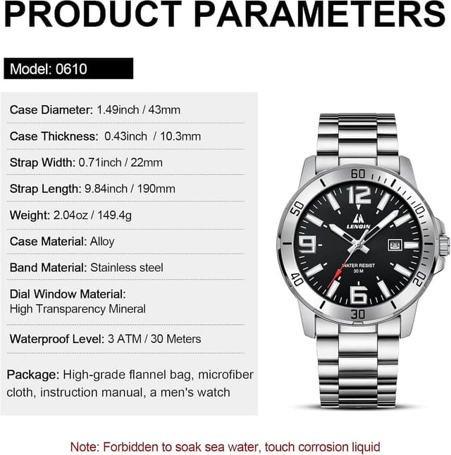 Thumbnail 6 de LN LENQIN Herrenarmbanduhr aus Edelstahl mit Quarzwerk, analogem Zifferblatt und Datumsanzeige