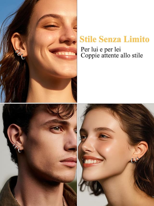 Detalle de Set U7 di 3 paia di orecchini a cerchio huggie in acciaio inossidabile (3 misure) color argento/oro/nero