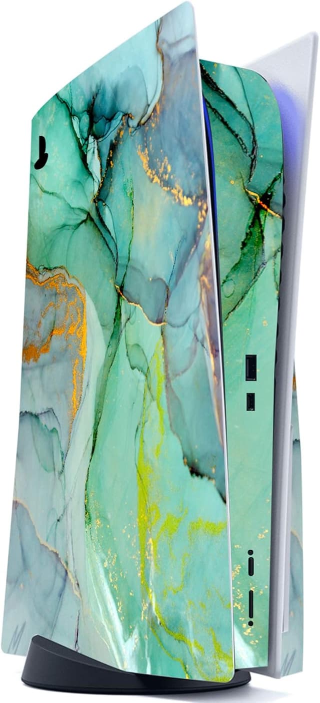 Detalle 2 de playvital Turquoise Marble Effect Full Set Skin Decal for PS5 Disc Edition (console, controller & accessories)