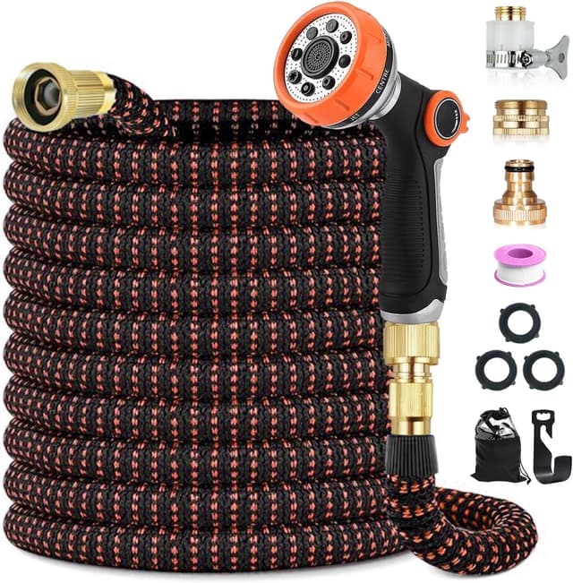 Detalle de 150FT Expandable Garden Hose (45M) with 10-Pattern Spray Nozzle, Leak-Proof Flexible Hose Pipe, Kink-Free 4-Layer Latex Core, Orange