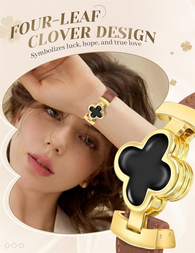 Detalle 2 de MOINSPIRE Designer Slim Leather Magnetic Watch Bands for Women (Four-Leaf Clover)