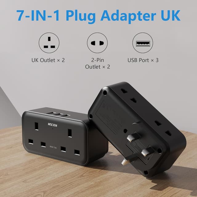 Detalle 2 de Double Plug Adaptor 13A MSCIEN 4 AC Outlets and 3 USB Wall Extension (Black)