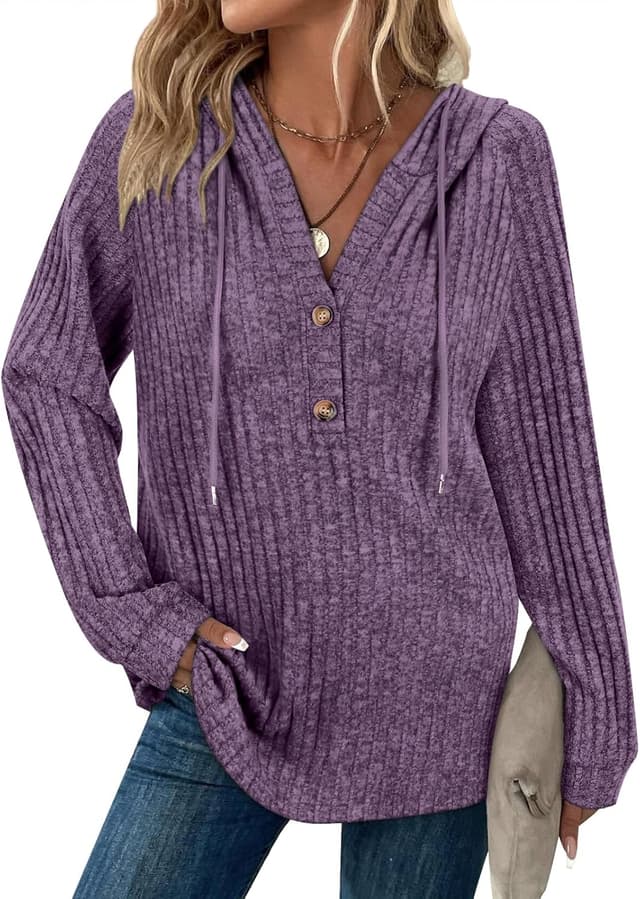 Detalle de Women’s long sleeve V-neck hoodie jumper with drawstring & button front (65% rayon blend)