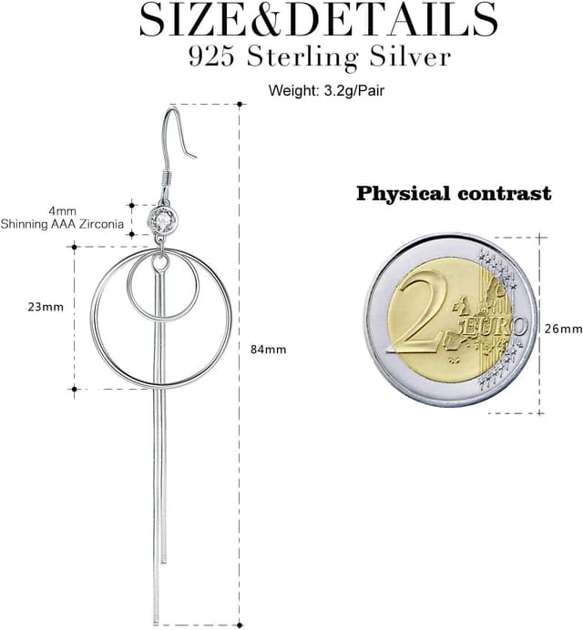 Detalle de Lydreewam lange Quasten-Ohrhänger aus 925 Sterling Silber mit 3A Zirkonia und Kreis-Design