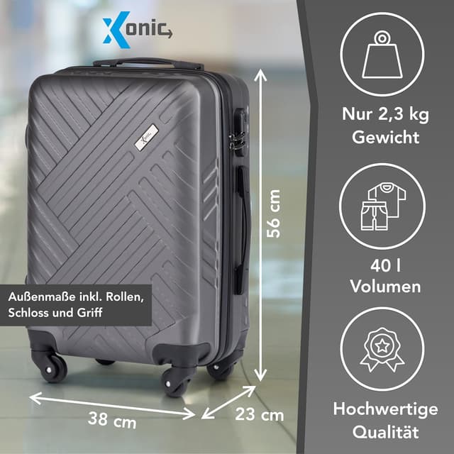 Detalle 2 de Xonic Design Reisekoffer mit ABS-Hartschale und 360° Leichtlauf-Rollen – Zahlenschloss, Größen M/L/XL (Dark Grey, M)