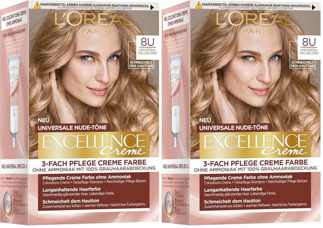 Detalle de L'Oréal Paris Excellence Creme Permanente Haarfarbe „Universal Nudes“ Nr. 8U Hellblond, ammoniakfrei – 1 Packung