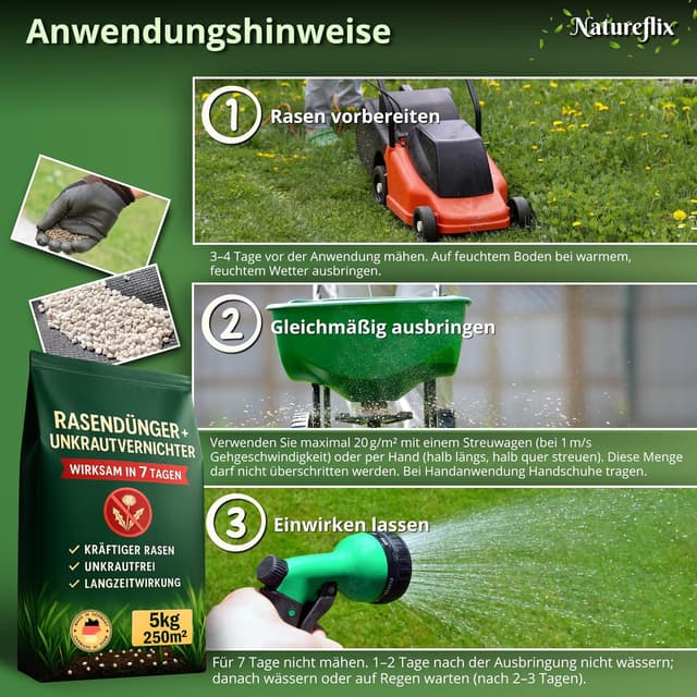 Detalle de Natureflix Rasendünger mit Unkrautvernichter extra stark (2-in-1) – für dichten Rasen im Frühjahr & Sommer, 5 kg für 250 m²