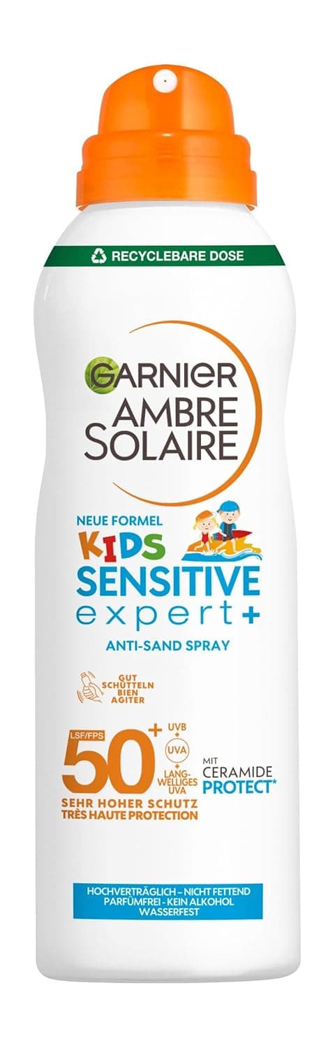 Detalle de Garnier Ambre Solaire Kids Sensitive expert+ Anti-Sand Spray LSF 50+ (Kinder) – wasserfest, sandabweisend, 150 ml