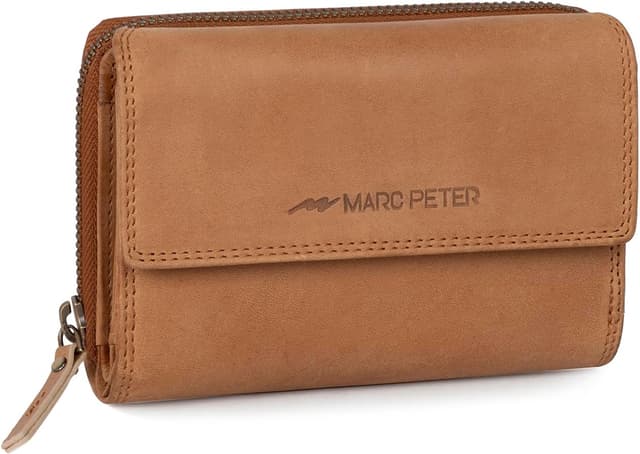 Detalle de Marc Peter Rosie Damen-Geldbeutel aus Leder mit RFID-Schutz (Vintage, groß) in Geschenkbox – Camel