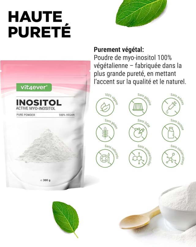 Detalle de Inositol Pure 300 g (myo-inositol) en poudre — 4000 mg par dose journalière, goût neutre, cuillère doseuse