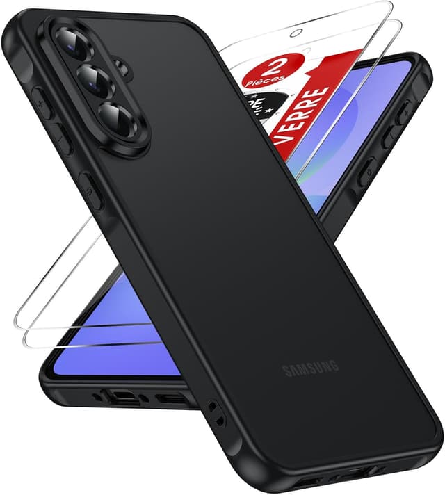 Detalle de LeYi Coque pour Samsung Galaxy A56 / A56 5G avec 2 verres trempés 9H, protection caméra et écran, TPU/PC finition mate anti-traces – Noir