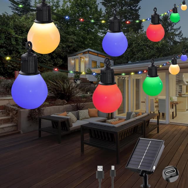 Detalle de Tacobey Solar-Lichterkette Außen bunt mit 20 G40-Lampen – 10 m 100 LED, USB-ladbar, 8 Modi (IP65)