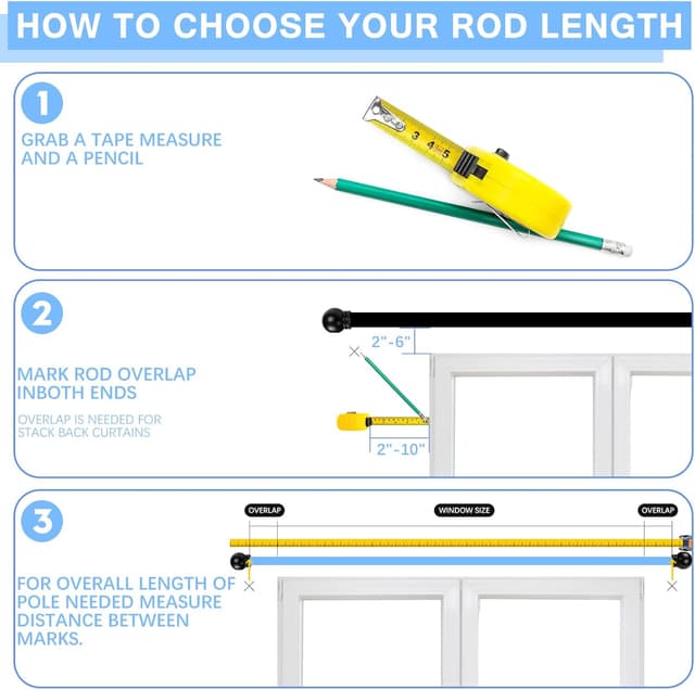 Detalle de AMZSEVEN Adjustable Curtain Rods for Windows (16–150 in Max), Round Finials, Black