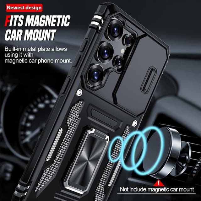 Detalle de LeYi for Samsung Galaxy S25 Ultra phone case with sliding camera lens cover and rotatable ring stand (Black)