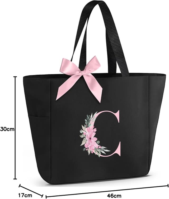 Thumbnail 6 de Vavabox A‑Z Initial Personalised Tote Bag (Waterproof, Pink Bow Detail) – Black