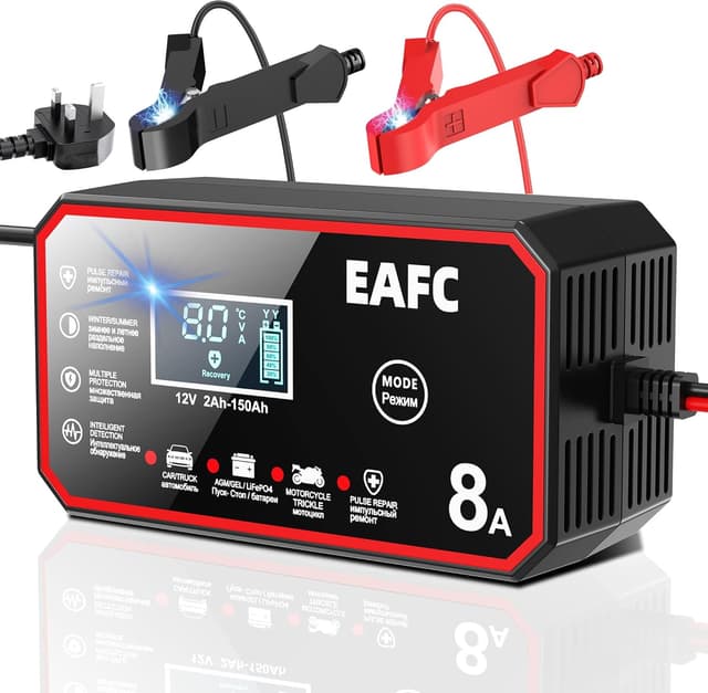 Detalle de EAFC 12V 8A Smart Car Battery Charger with Pulse Repair Mode (LCD) – AGM, GEL, WET & LiFePO4
