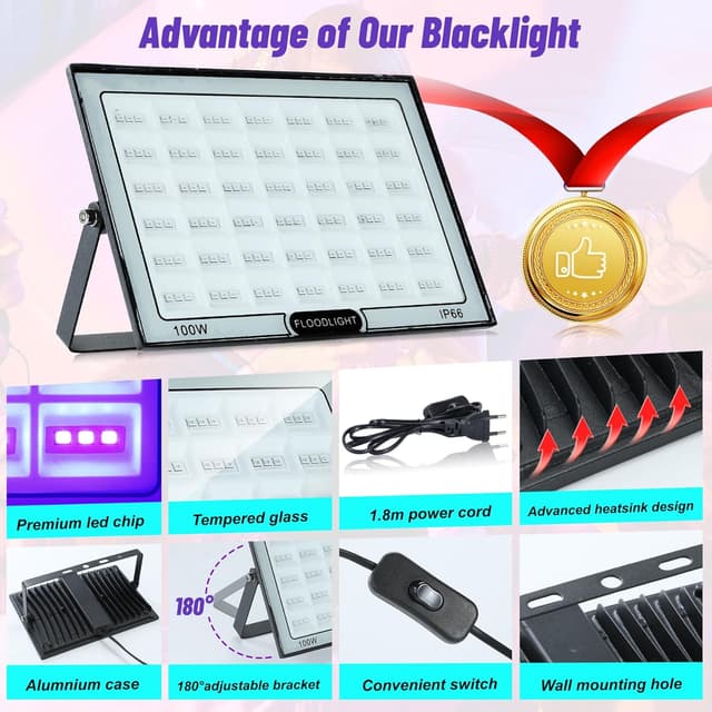 Detalle de BOWEICORE UV Schwarzlicht 100W (2er-Set) – IP66 LED Blacklight für Party, Disco & Bühne