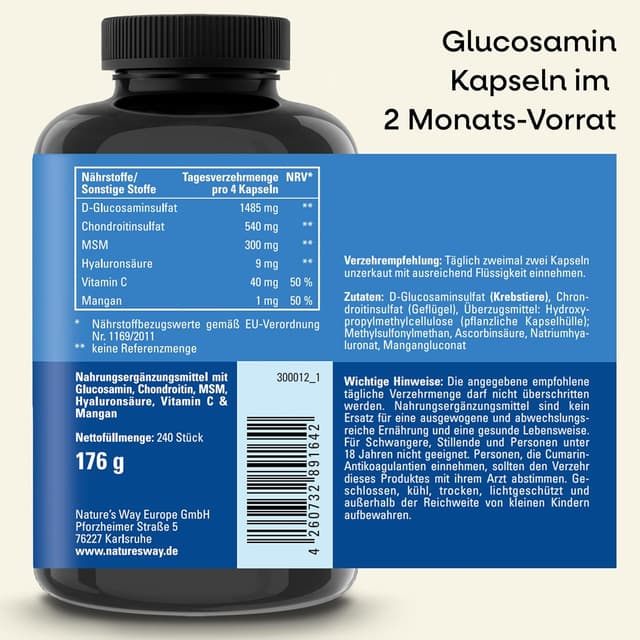 Detalle de Glucosamin Chondroitin hochdosiert MSM Kapseln (240 Stück) mit Vitamin C, Hyaluronsäure & Mangan – 6in1 Komplex